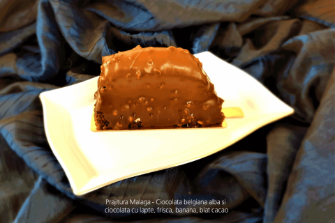Prajitura Malaga - Blat de cacao, ciocolata belgiana alba si ciocolata cu lapte, frisca, banane.